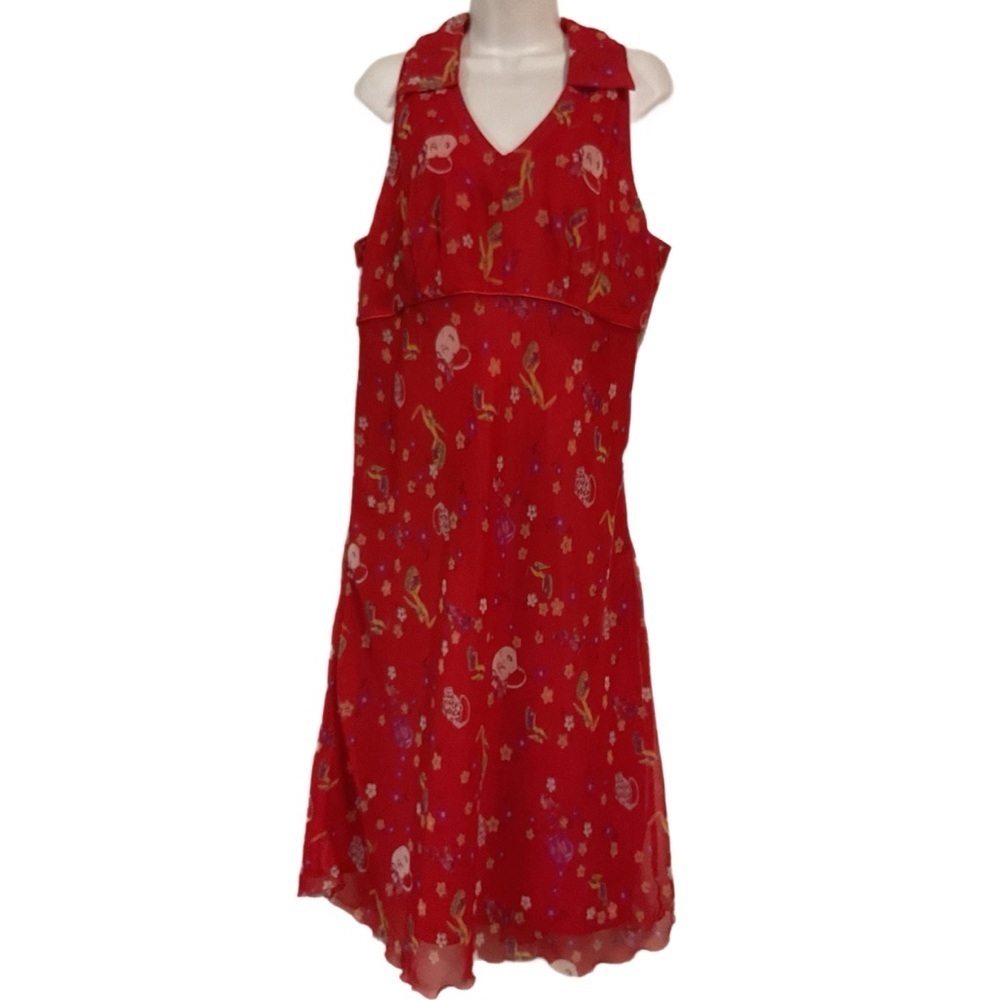 Vintage Red Sleeveless Dress Floral collar Vneck feminine heel purse pattern - Picture 7 of 11